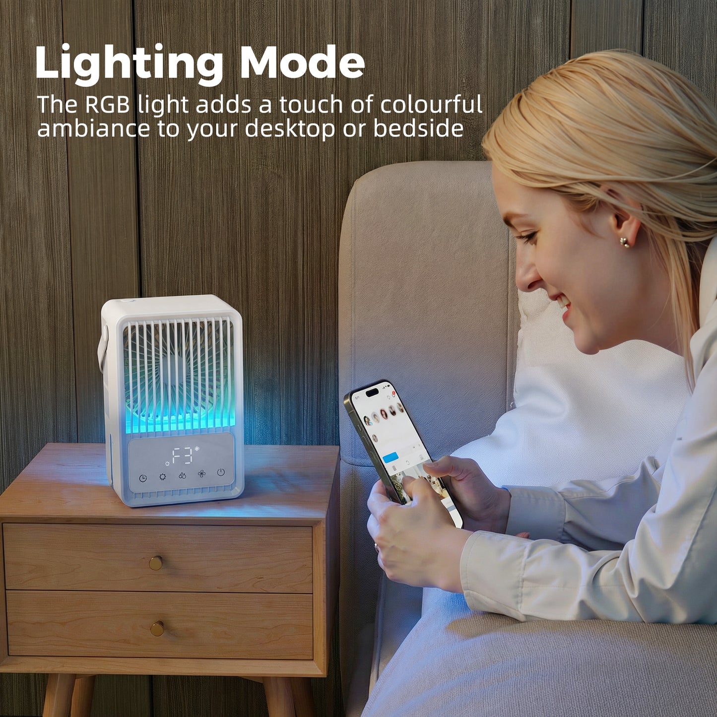 4-in-1 Mini Air Cooler with 7 Colour RGB Light, Cooling Fan, White