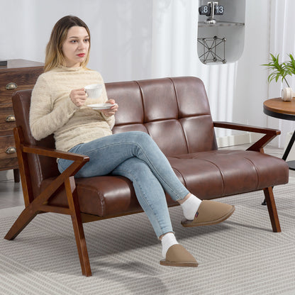 Compact Small Sofa with Solid Wood Frame, Vintage 2 Seater Sofa Brown