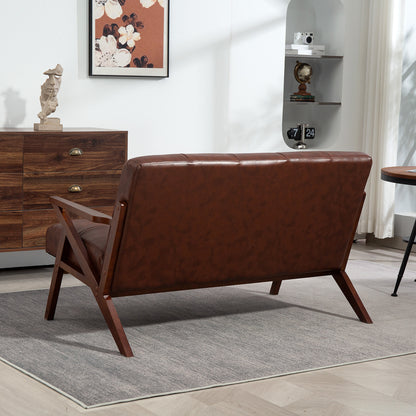 Compact Small Sofa with Solid Wood Frame, Vintage 2 Seater Sofa Brown