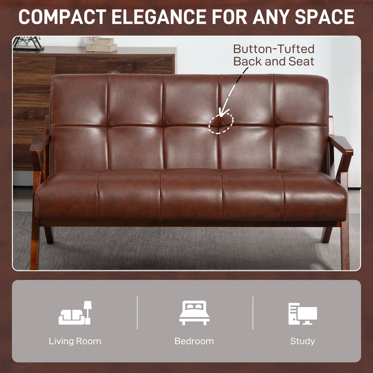 Compact Small Sofa with Solid Wood Frame, Vintage 2 Seater Sofa Brown