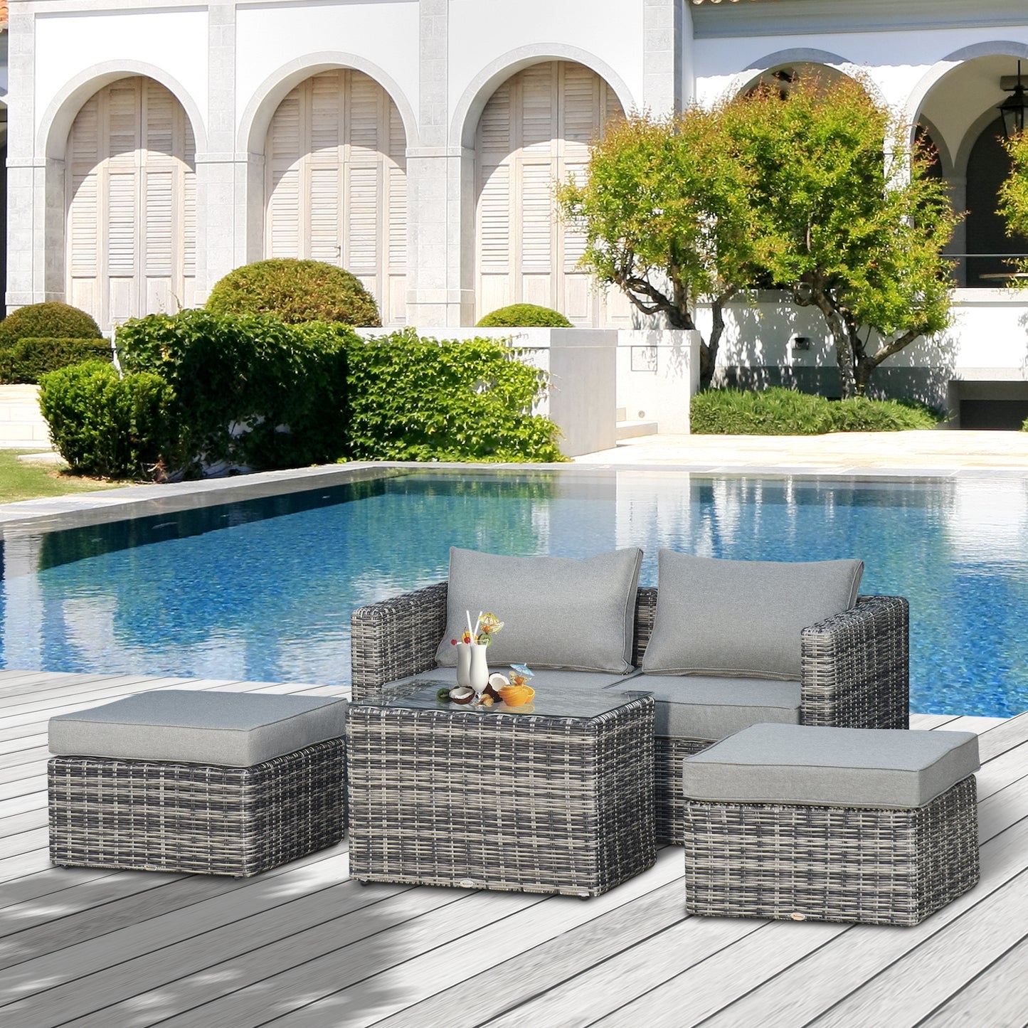 2 Seater Rattan Garden Furniture Set w/ Tall Glass-Top Table Aluminium Frame Balcony Set, Mixed Grey