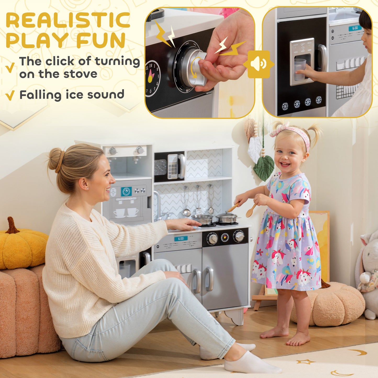 Kids Play Kitchen Toy Kitchen with Stove Sounds, Ice & Coffee Maker