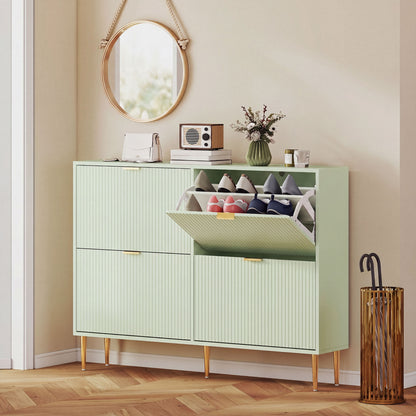 Narrow Shoe Cabinet with 4 Flip Drawers, Modern Slim Shoe Storage Cabinet with Fluted Doors and Adjustable Shelves for Hallway, Holds 10-20 Pairs, Light Green