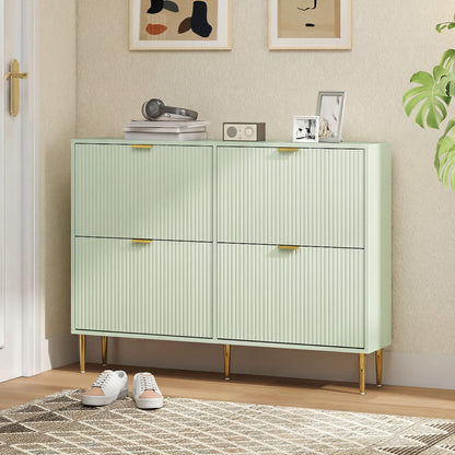 Narrow Shoe Cabinet with 4 Flip Drawers, Modern Slim Shoe Storage Cabinet with Fluted Doors and Adjustable Shelves for Hallway, Holds 10-20 Pairs, Light Green