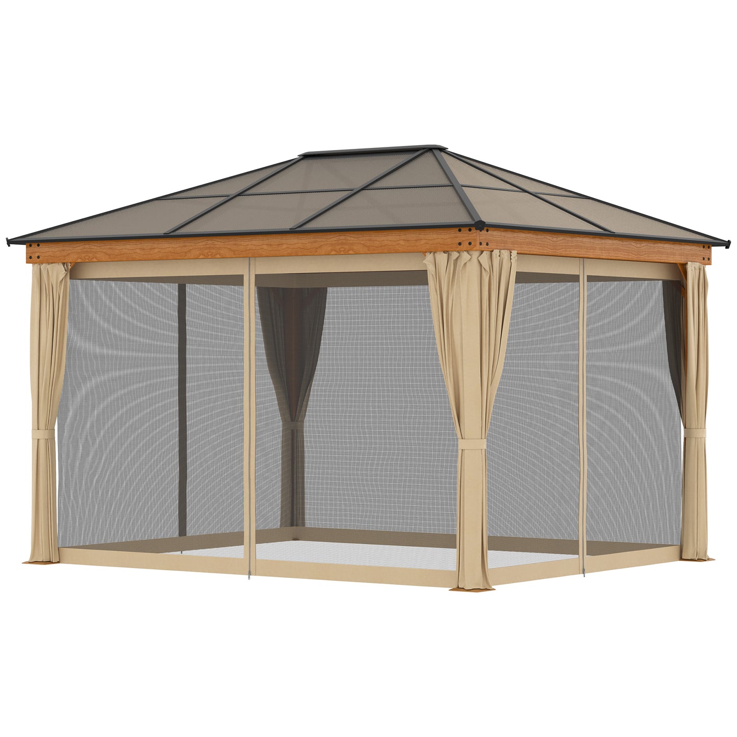 Hardtop Gazebo Polycarbonate Canopy with Nettings and Sidewalls Khaki