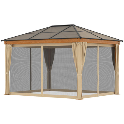 Hardtop Gazebo Polycarbonate Canopy with Nettings and Sidewalls Khaki
