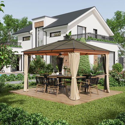 Hardtop Gazebo Polycarbonate Canopy with Nettings and Sidewalls Khaki