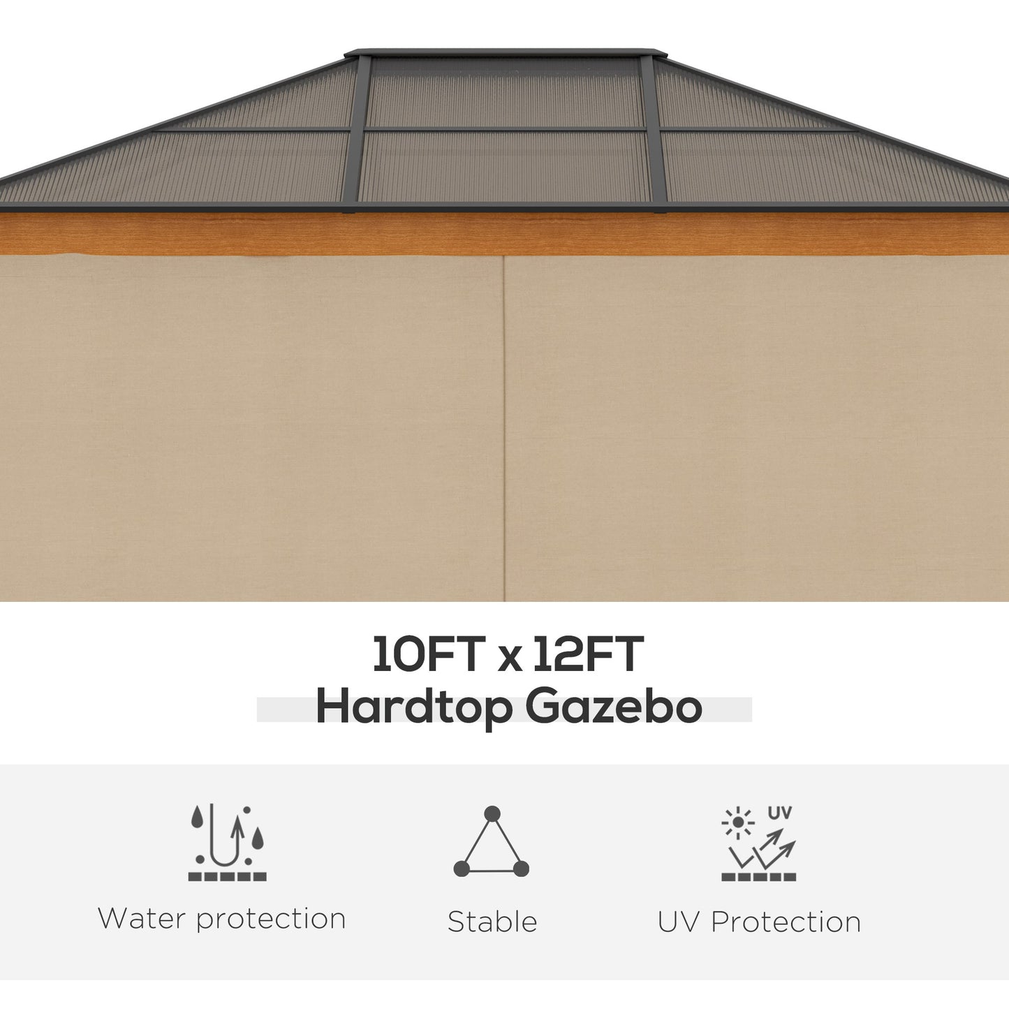 Hardtop Gazebo Polycarbonate Canopy with Nettings and Sidewalls Khaki