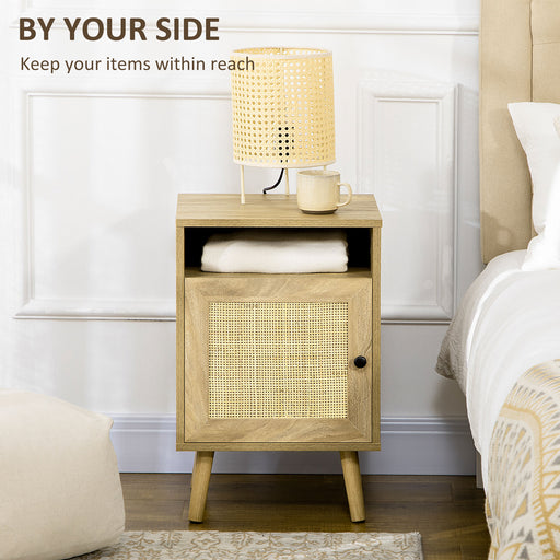 Nightstand, Rattan Bedside Table w/ Cabinet, Shelf, Natural