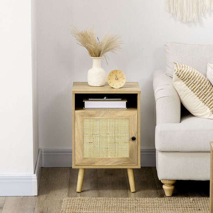 Nightstand, Rattan Bedside Table w/ Cabinet, Shelf, Natural