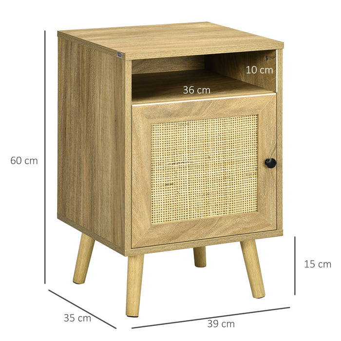 Nightstand, Rattan Bedside Table w/ Cabinet, Shelf, Natural