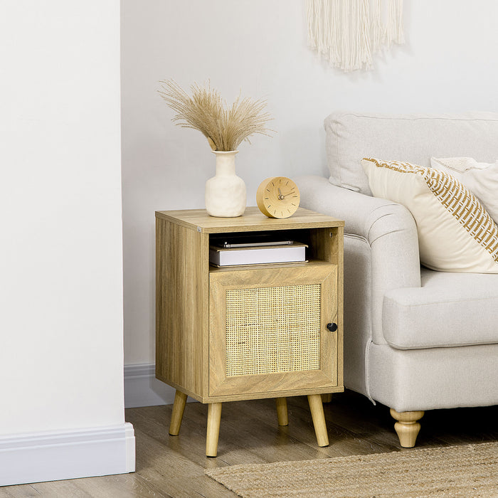 Nightstand, Rattan Bedside Table w/ Cabinet, Shelf, Natural