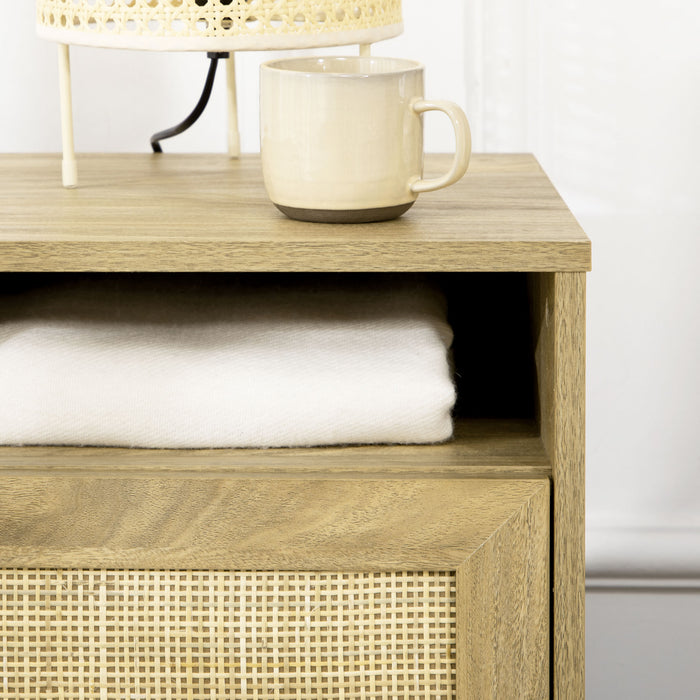 Nightstand, Rattan Bedside Table w/ Cabinet, Shelf, Natural