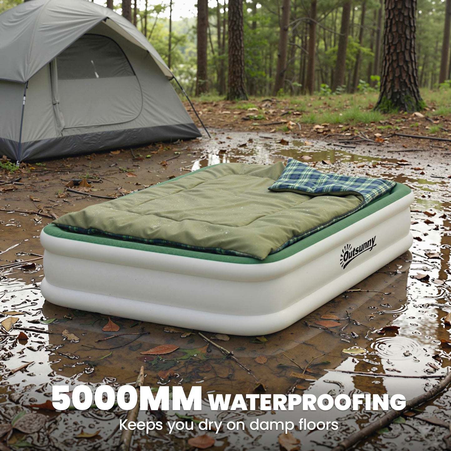 Inflatable Mattress, Double Air Bed with Built-in Pump, Dark Green