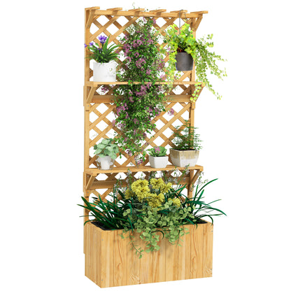 Wooden Raised Planter with Trellis and 2 Shelves, Nature Wood