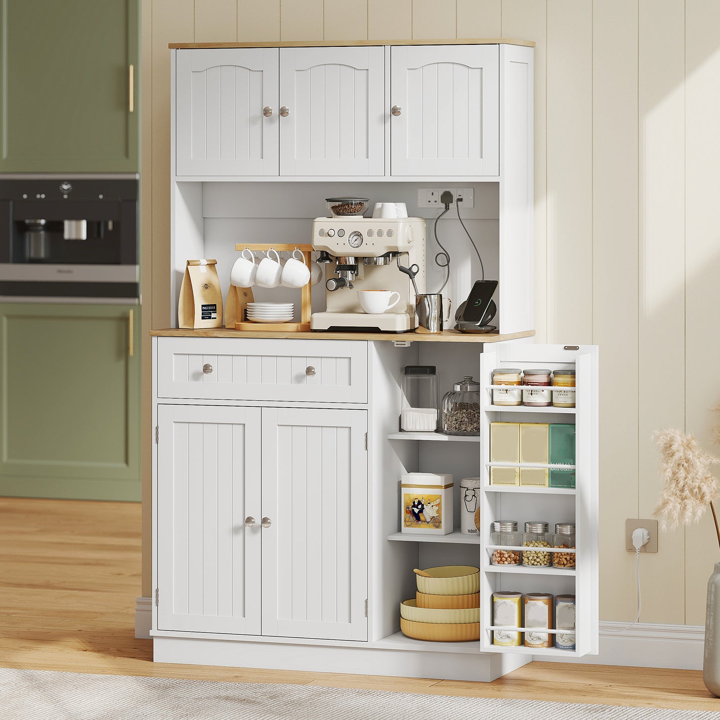Pantry Storage Cabinet with Adjustable Shelves and 4 Door Racks