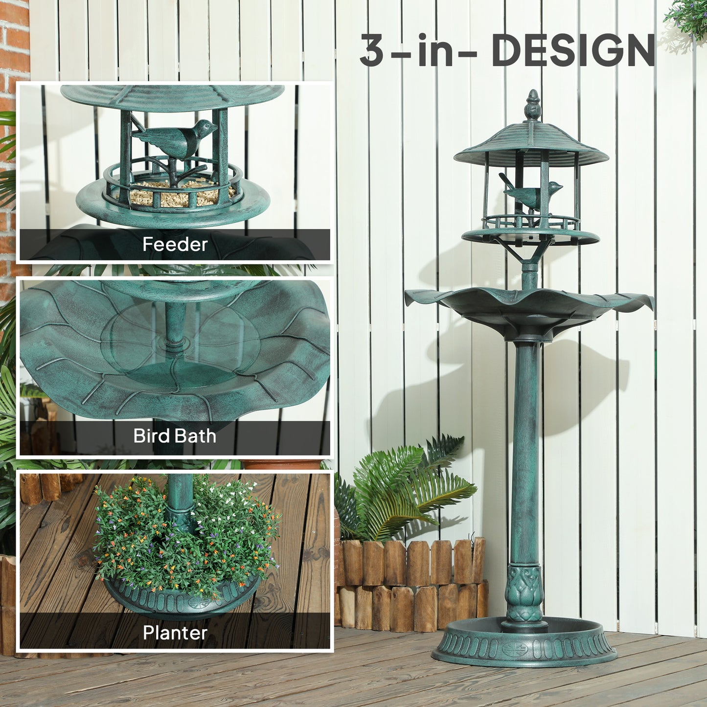 3-in-1 Garden Bird Bath, Birdbath with Large Water Basin, Green