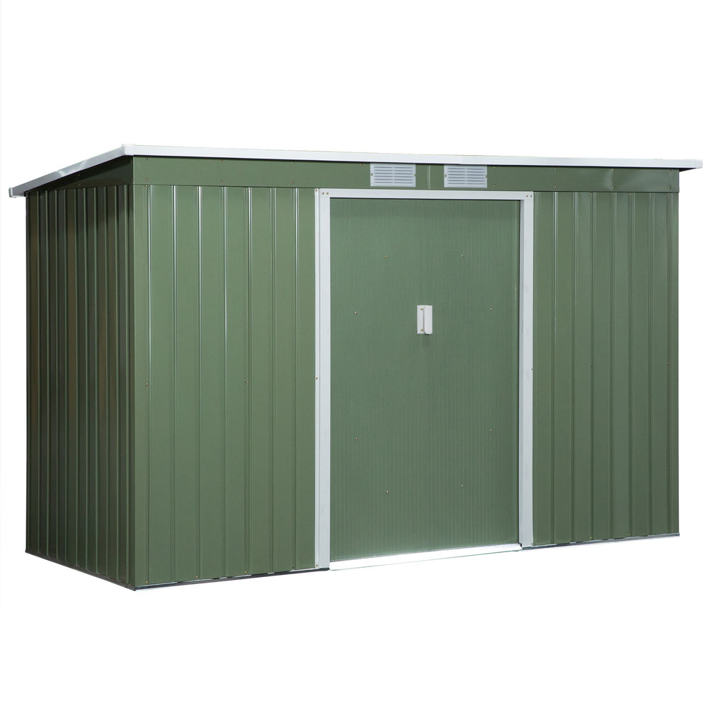 9 x 4.5 ft Pent Roof Metal Garden Storage Shed Corrugated Steel Tool Box with Foundation Ventilation & Doors, Green