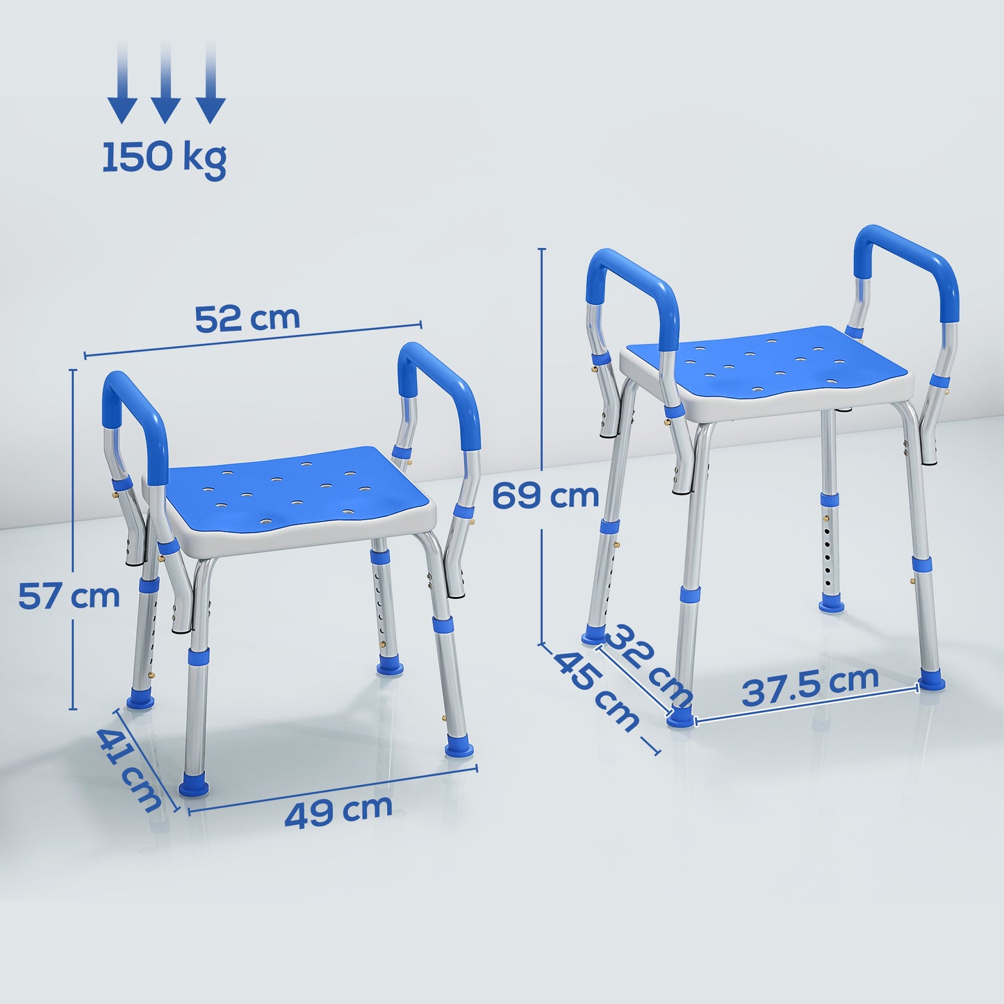Rust-Free Aluminium Bath Chair with Adjustable Height, Dark Blue