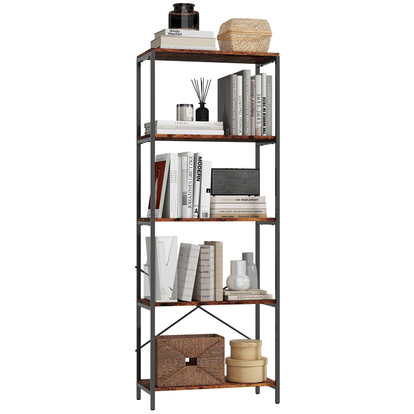 Industrial Bookshelf, Freestanding Bookcase, Rustic Brown and Black