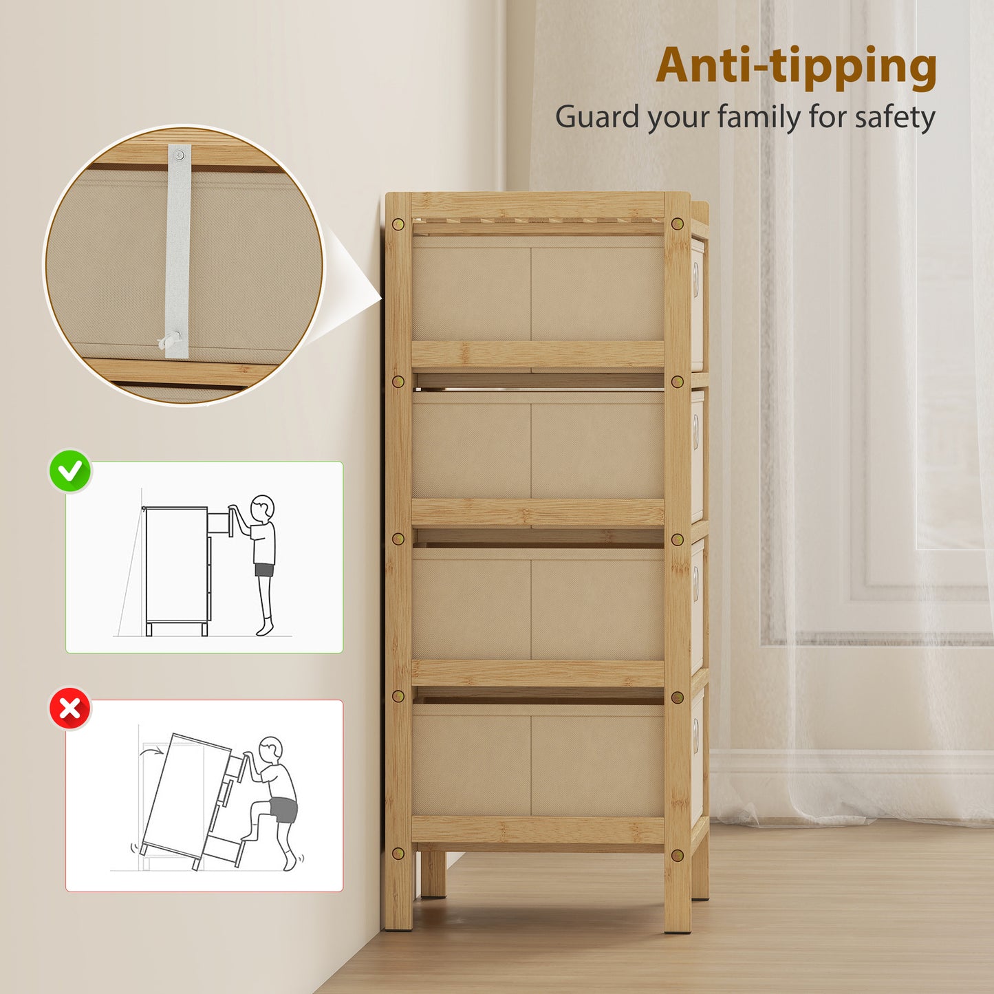 Chest of Drawers, 4 Drawers Dresser with Bamboo Frame, Cream White