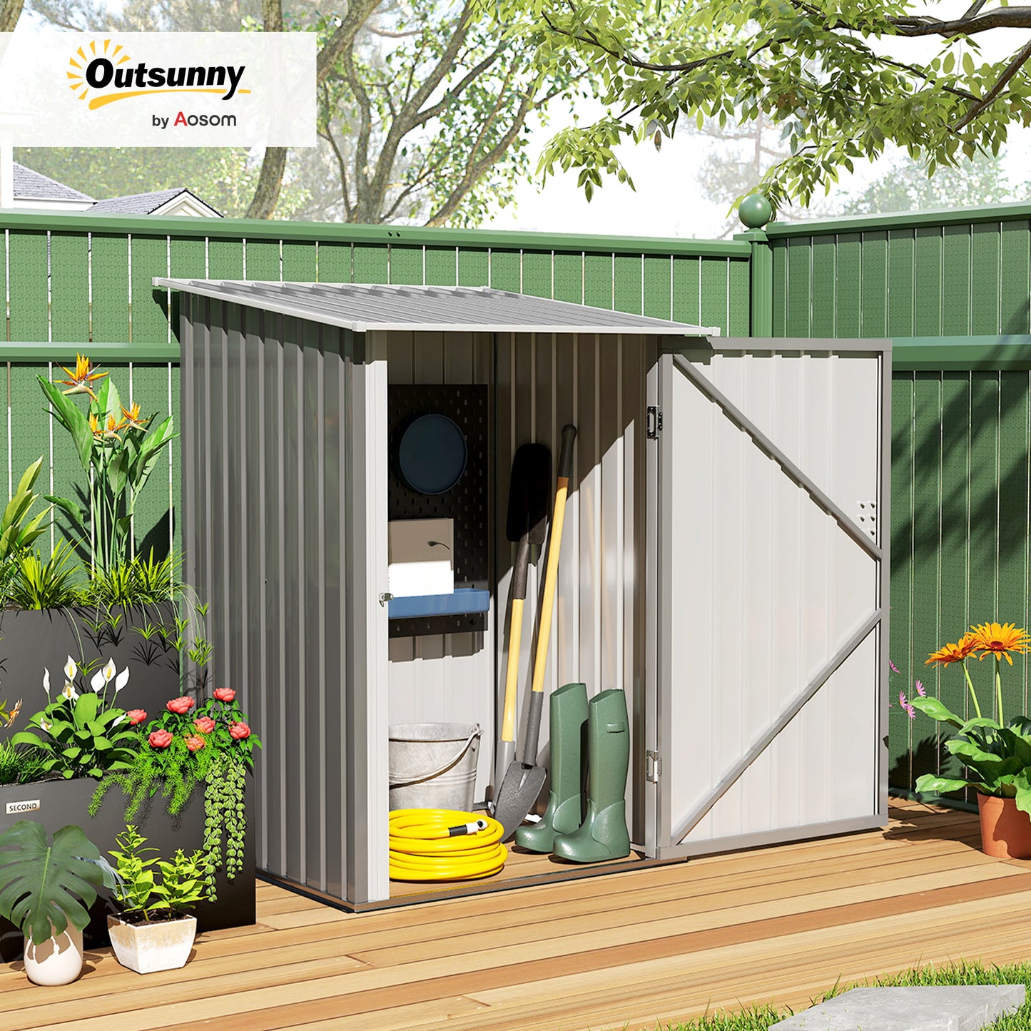 3.3ft x 3.4ft Lean to Garden Shed, Metal Outdoor Storage Shed with Single Lockable Door, Tool Storage Shed for Garden, Patio, Lawn, Grey