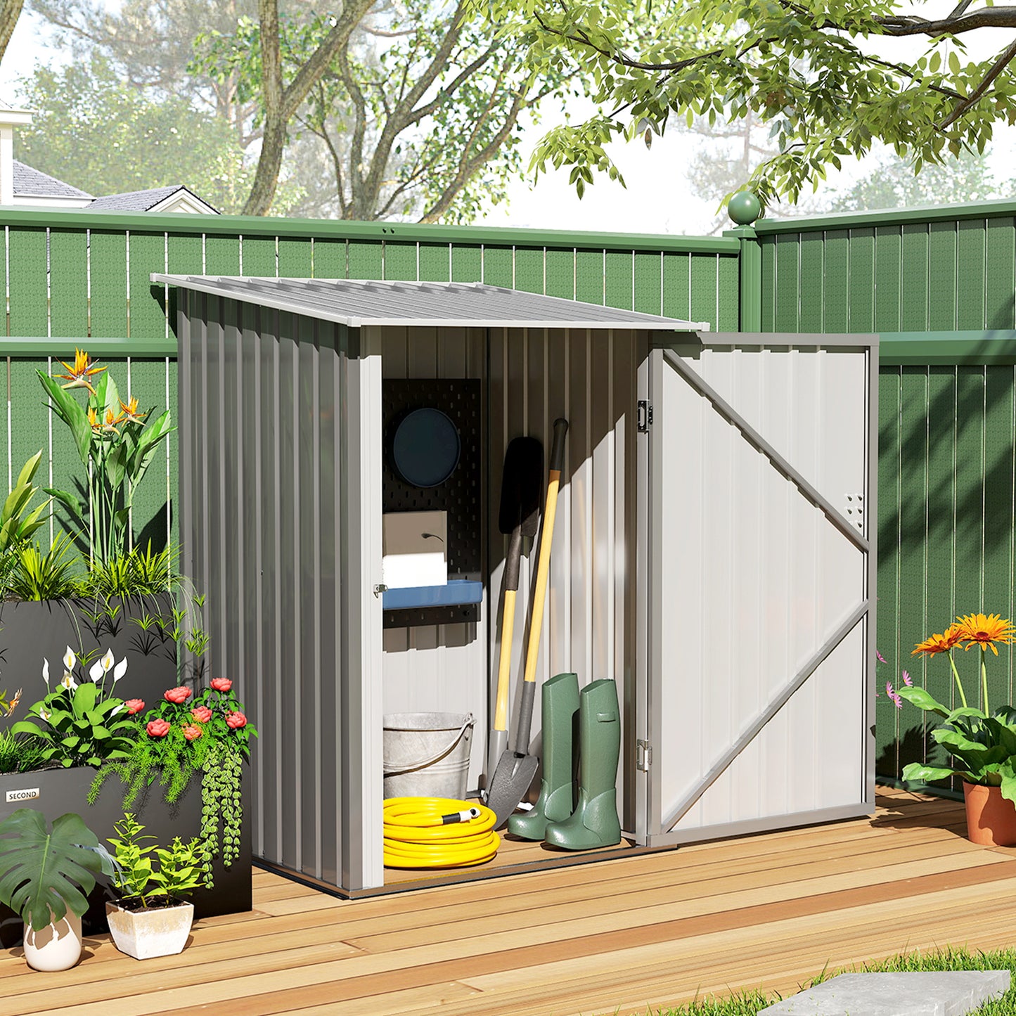 3.3ft x 3.4ft Lean to Garden Shed, Metal Outdoor Storage Shed with Single Lockable Door, Tool Storage Shed for Garden, Patio, Lawn, Grey