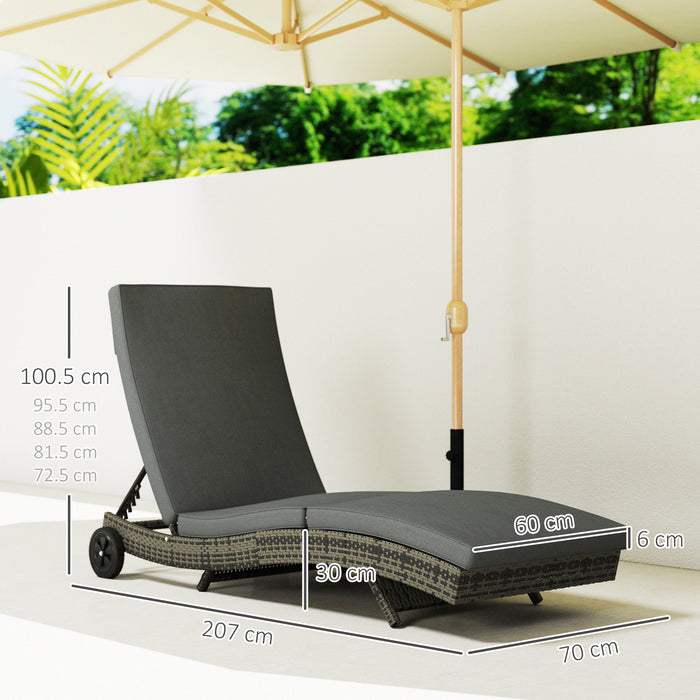 Outdoor Rattan Sun Lounger with Reclining Back, Wheels, Dark Grey