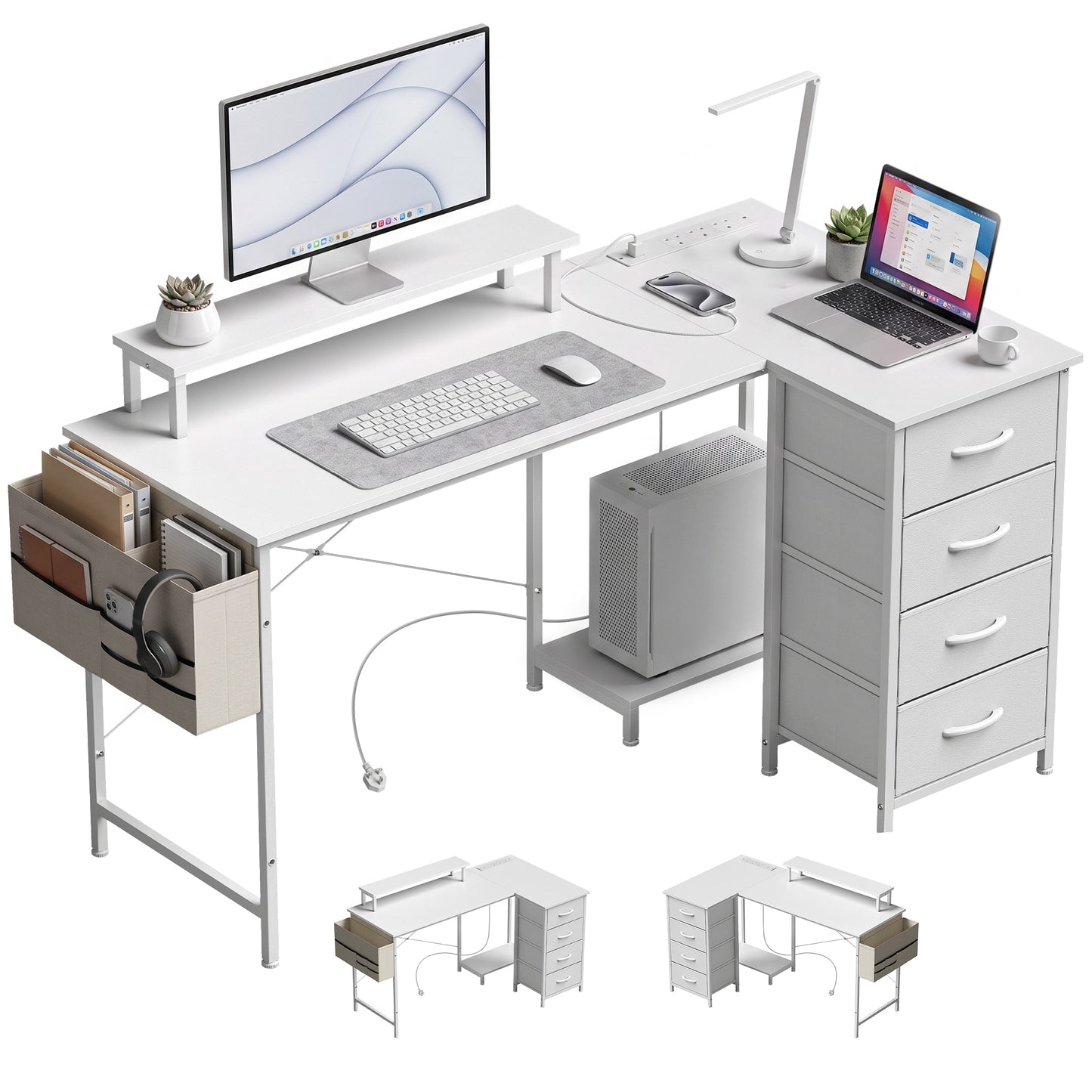 L Shaped Gaming Desk Reversible USB 150 cm White