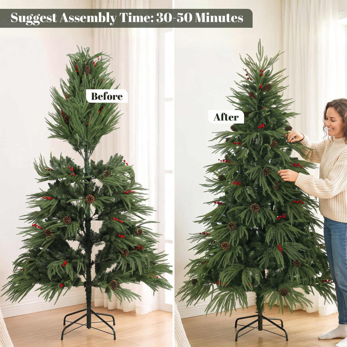 6ft Predecorated Artificial Christmas Tree, Hinged Xmas Tree, Green