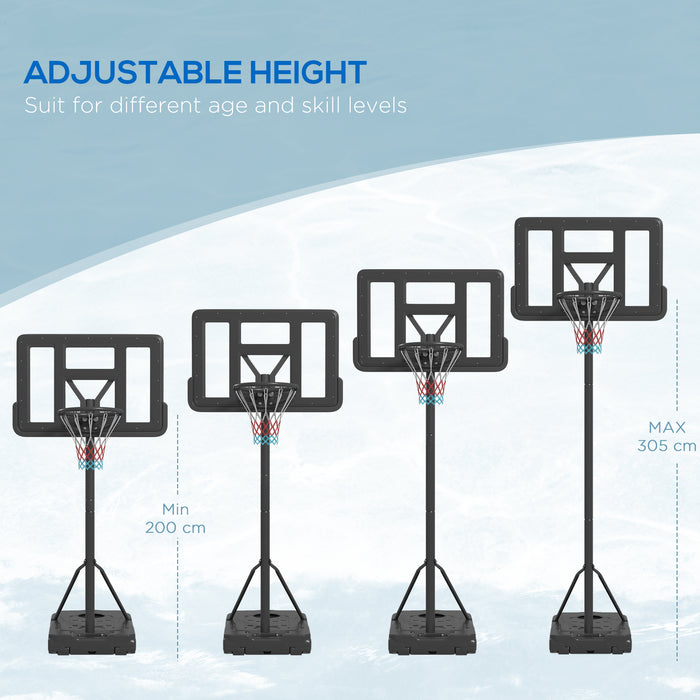 SPORTNOW Height Adjustable Basketball Stand Net Set System, Free standing Basketball Hoop and Stand with Wheels, 200-305cm, Black