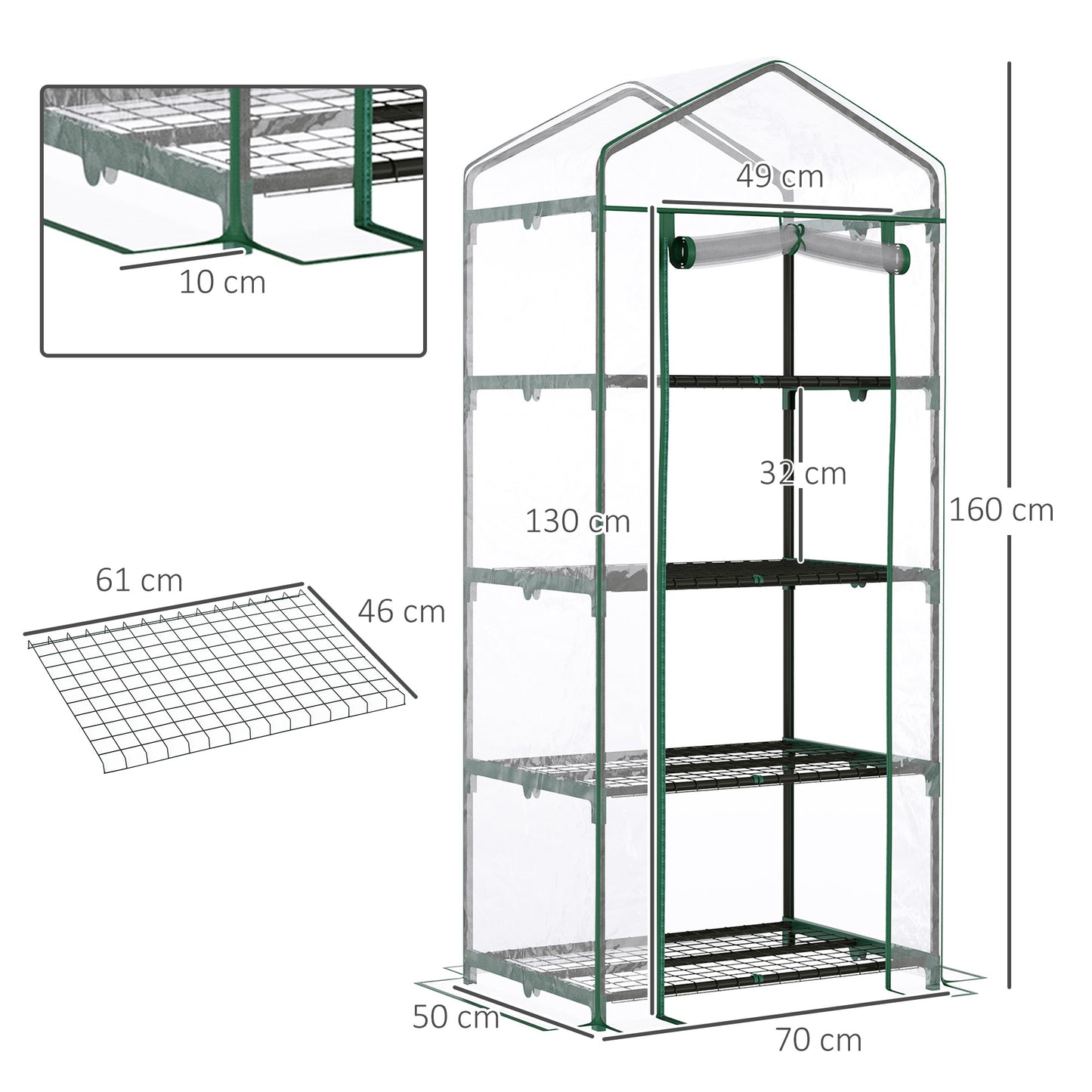 4 Tiers Mini Portable Greenhouse Compact Plant Grow Shed Metal Frame Transparent Clear Cover 160H x 70L x 50Wcm