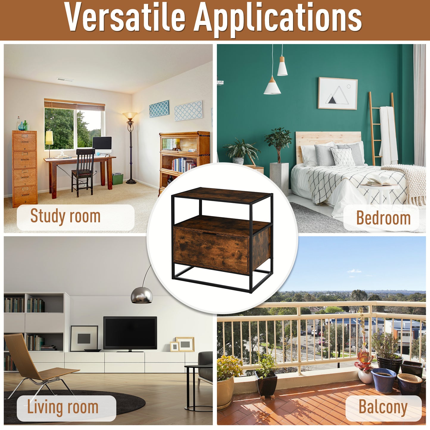 Industrial-Style Side Table w/ Drawer Open Shelf Steel Frame Base Retro