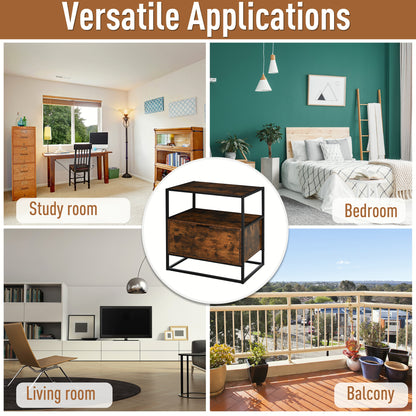 Industrial-Style Side Table w/ Drawer Open Shelf Steel Frame Base Retro