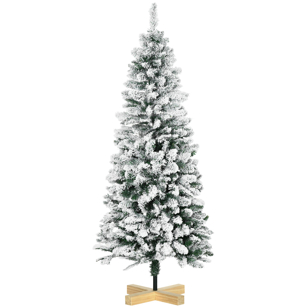 5 Foot Snow Flocked Artificial Christmas Tree, Xmas Pencil Tree with 426 Realistic Branches, Auto Open, Pinewood Base, Green