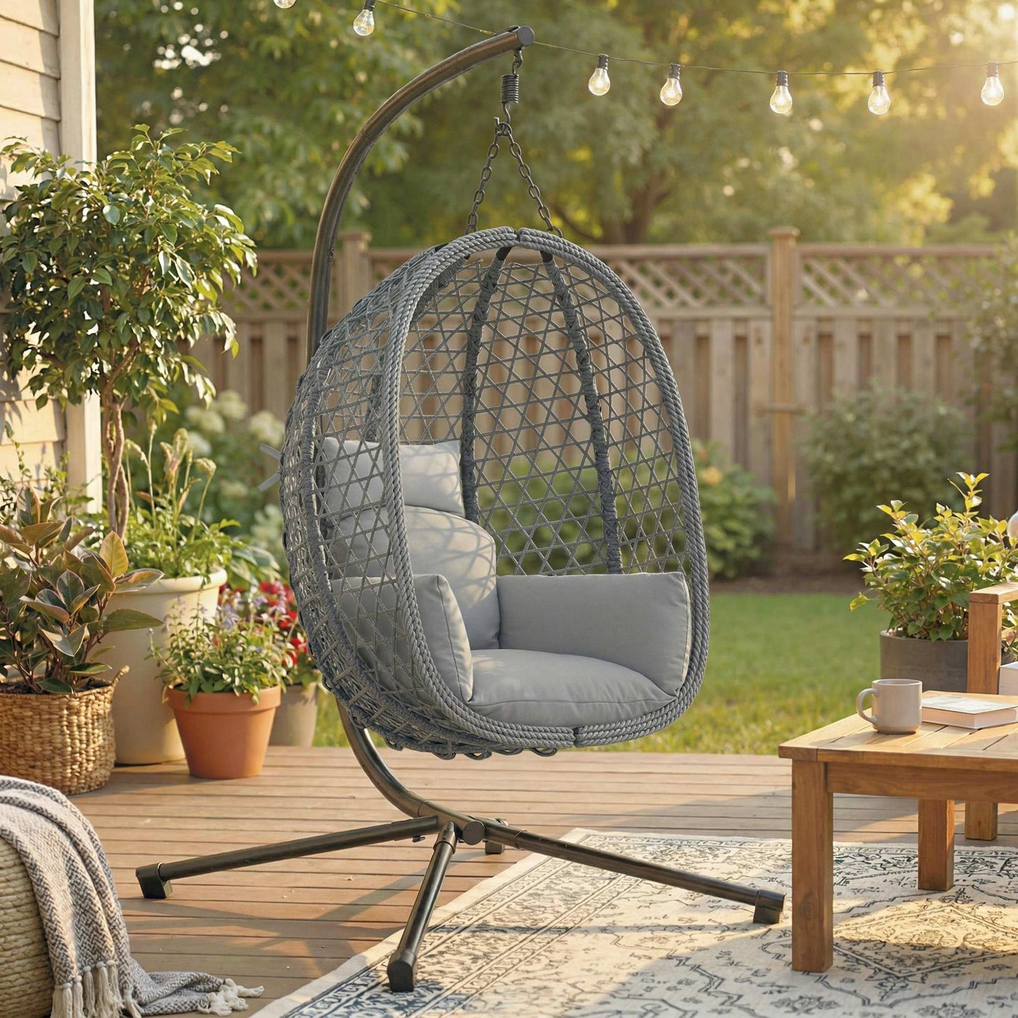 Hanging Egg Chair, Rattan Swing Chair with Stand, Dark Grey