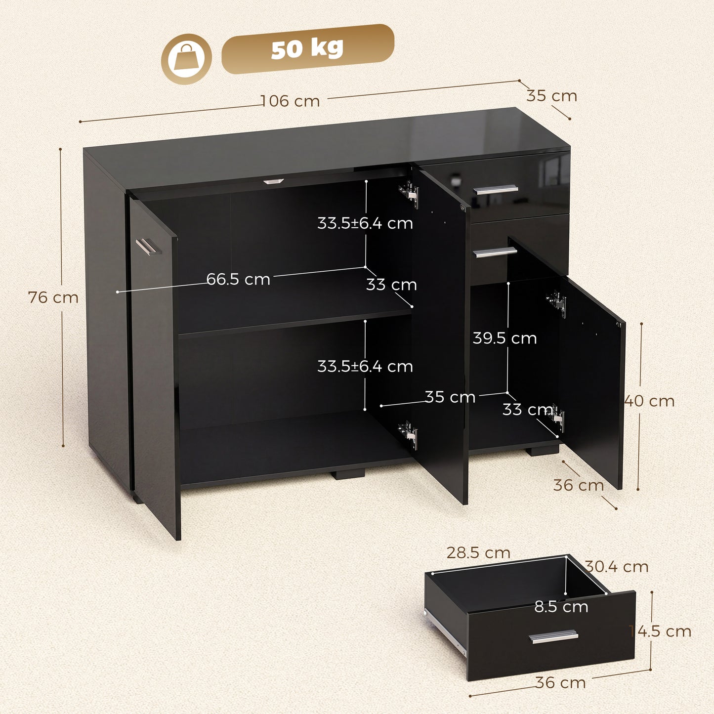 Modern Sideboard Kitchen Storage Cabinet, High Gloss Black