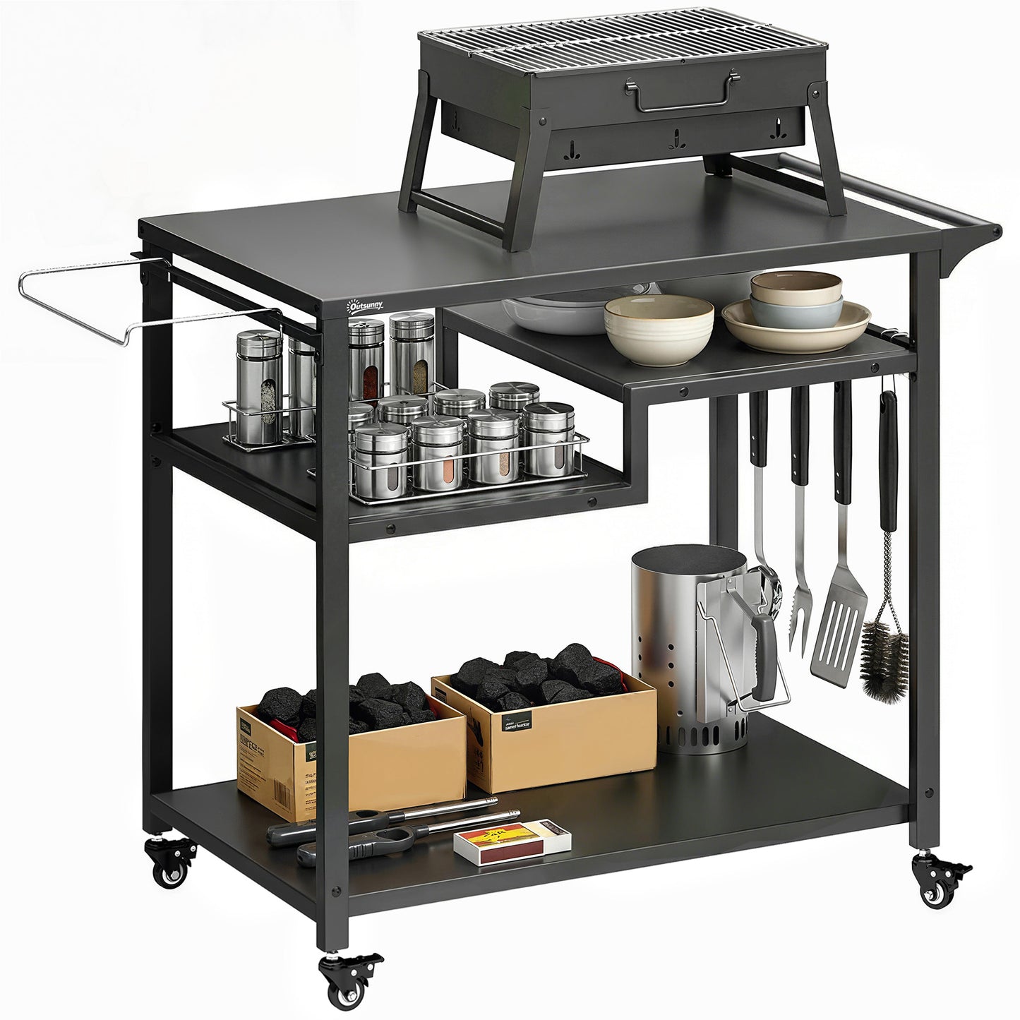Outdoor Grill Cart, Movable Food Prep Table on Wheels, Black