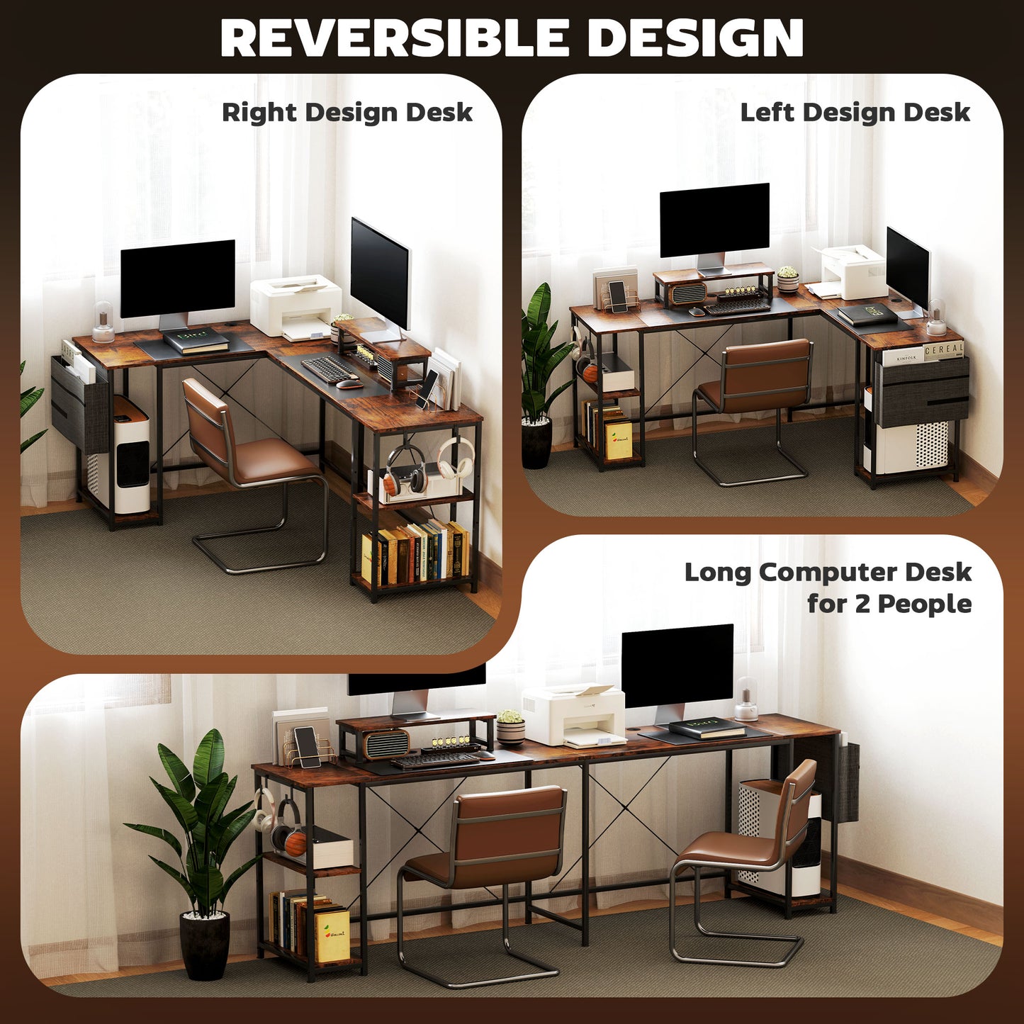 Reversible L Shaped Desk, Industrial Corner Computer Desk with Adjustable Shelf and Storage Bag,