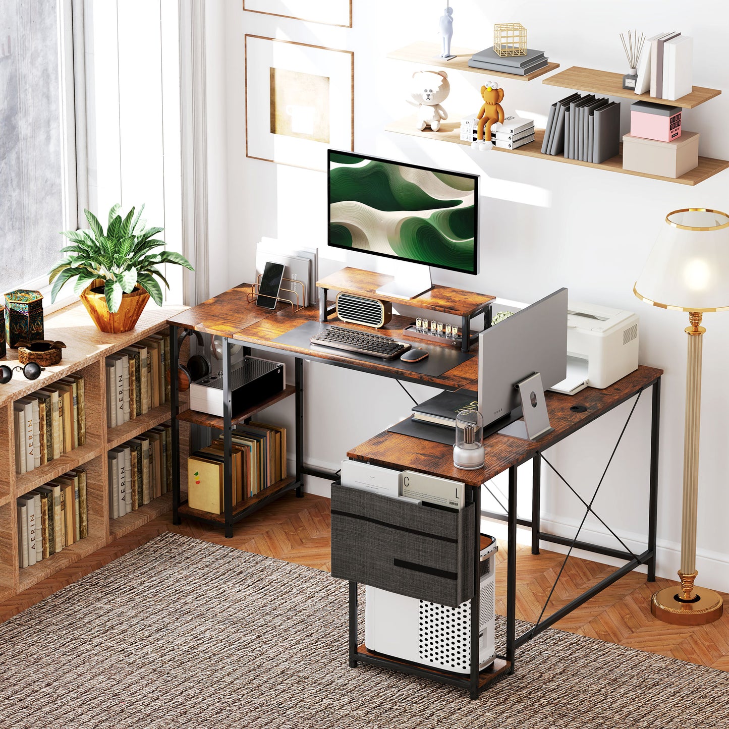 Reversible L Shaped Desk, Industrial Corner Computer Desk with Adjustable Shelf and Storage Bag,