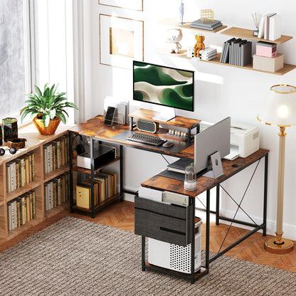 Reversible L Shaped Desk, Industrial Corner Computer Desk with Adjustable Shelf and Storage Bag,