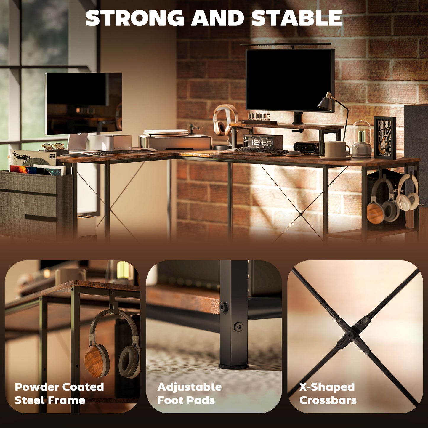 Reversible L Shaped Desk, Industrial Corner Computer Desk with Adjustable Shelf and Storage Bag,