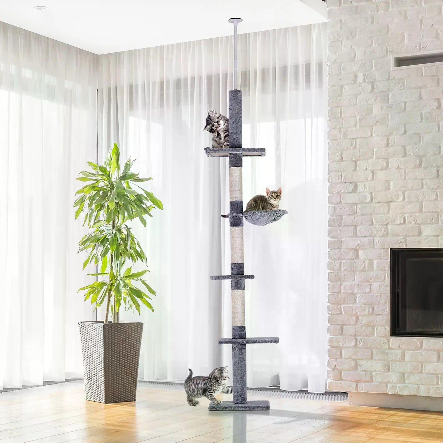 Floor to Ceiling Cat Tree for Indoor Cats 5-Tier Kitty Tower Climbing Activity Center Scratching Post Adjustable Height 230-260 cm Grey