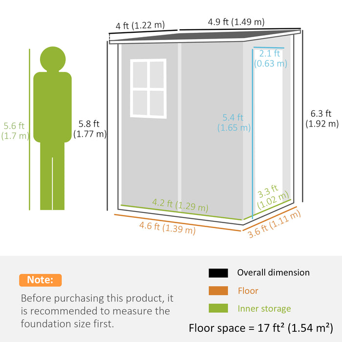 4'x5' Garden Storage Shed, Lean to Shed, Lockable Garden Shed with Window, Vent and Plastic Roof, Grey