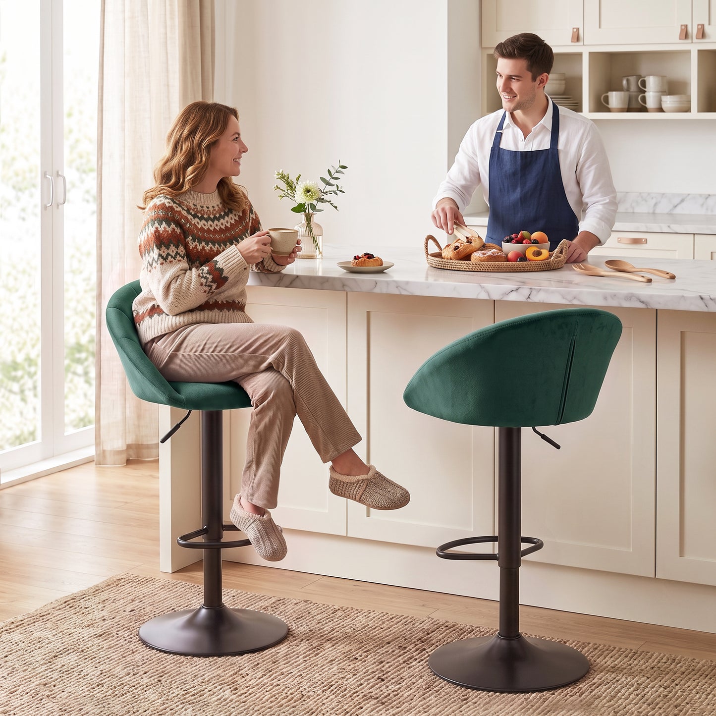 Bar Stools Set of 2 Velvet Adjustable Swivel Dark Green