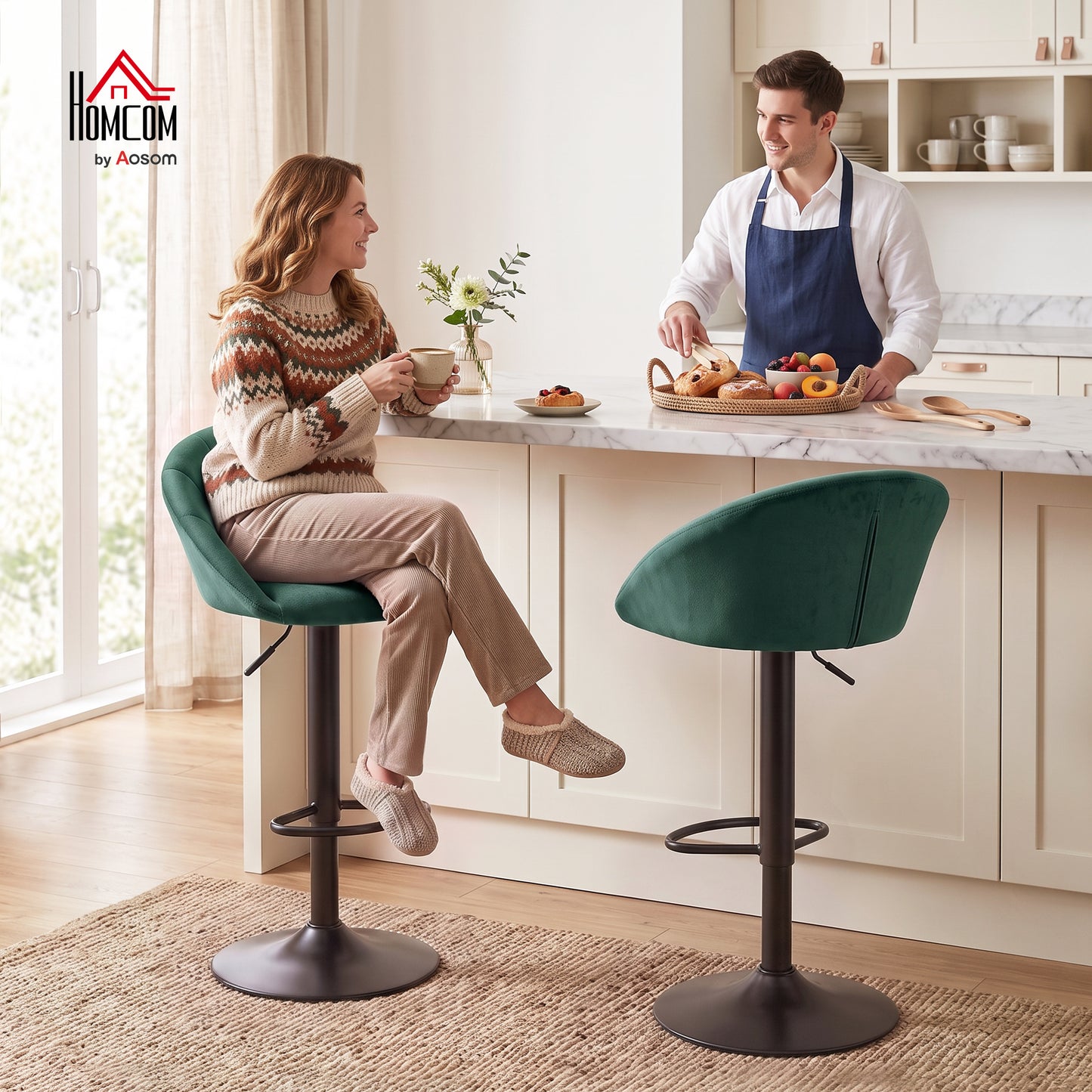 Bar Stools Set of 2 Velvet Adjustable Swivel Dark Green