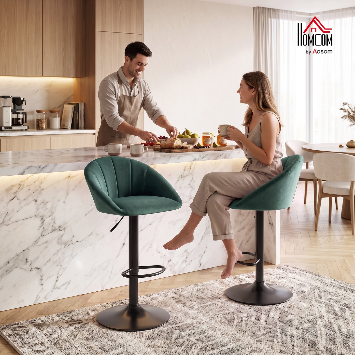 Bar Stools Set of 2 Velvet Adjustable Swivel Dark Green
