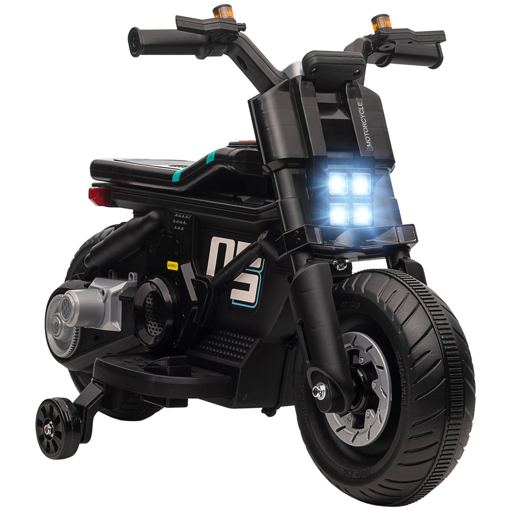 Kids Electric Motorbike with Siren, Horn, Headlights, Music, Training Wheels, for Ages 3-5 Years - Black