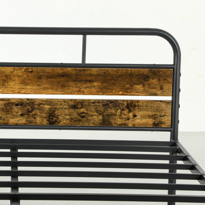 Double Bed Frame with Headboard, No Box Spring Needed, Rustic Brown