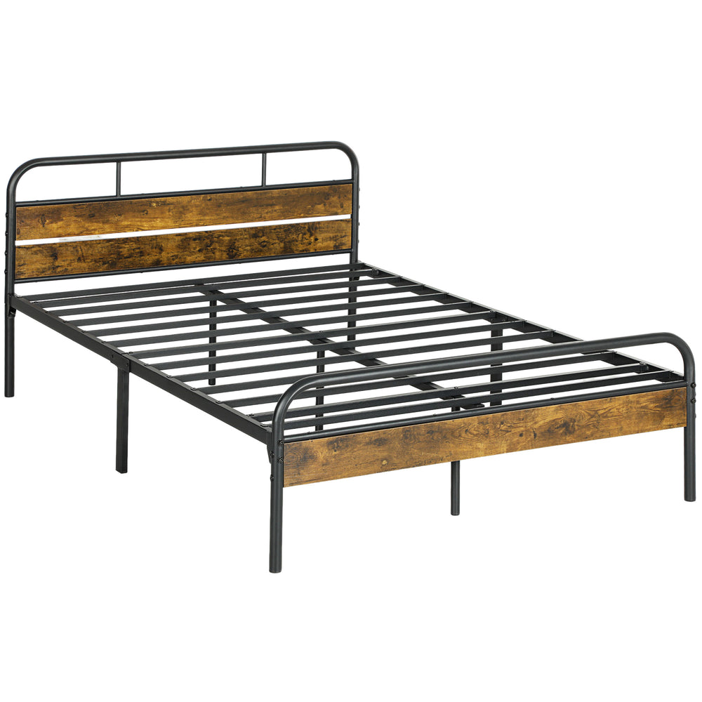 Double Bed Frame with Headboard, No Box Spring Needed, Rustic Brown